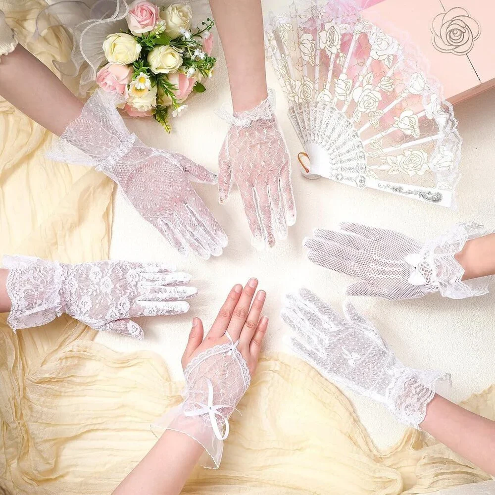 Vintage Lace Gloves 6 Pairs and Rose Hand Fans Set Elegant Wedding Party